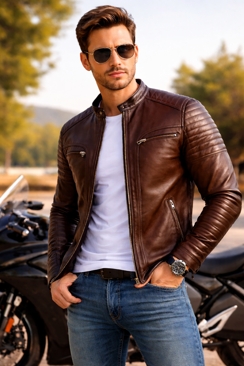 Brown leather rider jacket