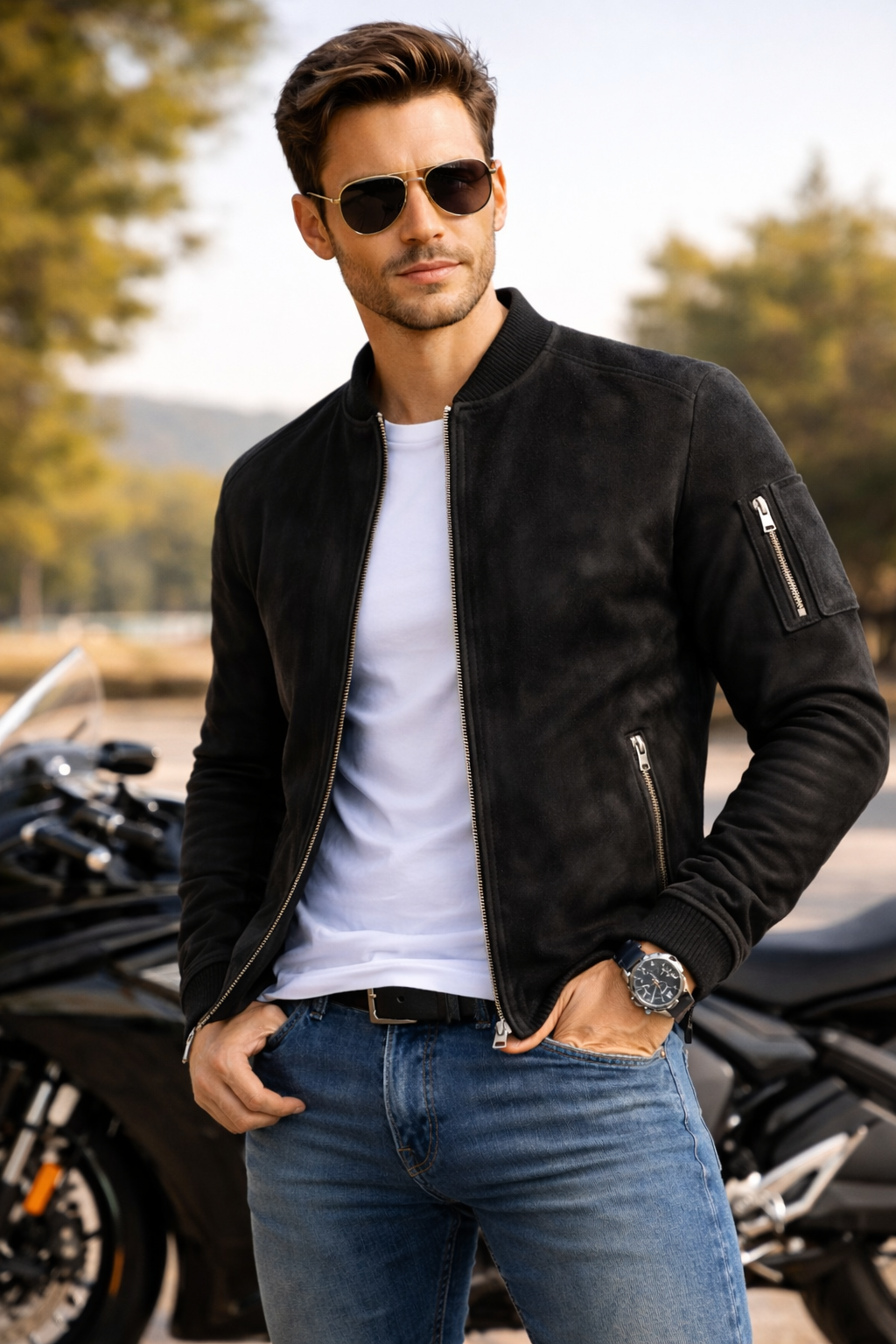 Black suede bomber jacket